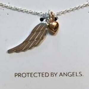 LA Rocks Sterling Silver Protected by Angels Angel Wing and Heart Charm Necklace